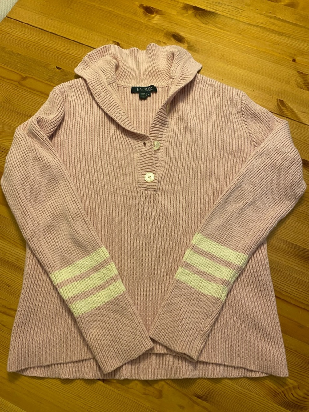 Ralph Lauren Pale Pink Shawl-Collar Rib Knit Sweater with Cream Stripes